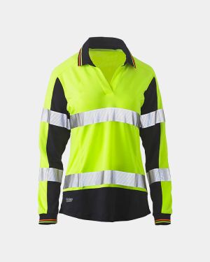 Bisley Women's Taped Two Tone Hi Vis Long Sleeve Polo - Yellow/Navy