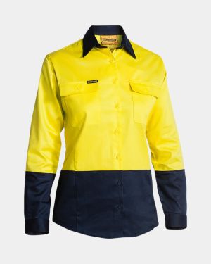 Bisley Women's Hi Vis Long Sleeve Drill Shirt - Yellow/Navy
