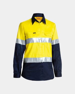 Bisley Women's Hi Vis Taped Long Sleeve Shirt - Yellow/Navy