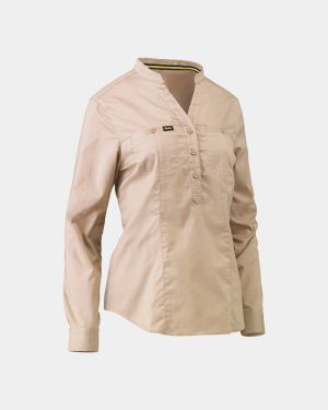 Bisley Women's Stretch V-Neck Closed Front Shirt - Stone