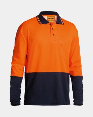 Bisley Hi Vis Long Sleeve Polo Shirt - Orange/Navy