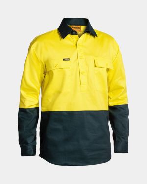 Bisley HiVis Closed Front Drill Shirt - Yellow/Bottle