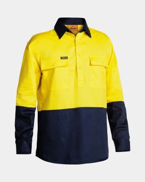 Bisley HiVis Closed Front Drill Shirt - Yellow/Navy