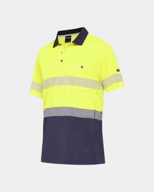 King Gee Taped Workcool Hyperfreeze Spliced Short Sleeve Polo - Yellow/Navy