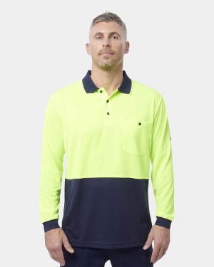 King Gee Hi Vis Workcool Hyperfreeze Lightweight Long Sleeve Polo - Yellow/Navy