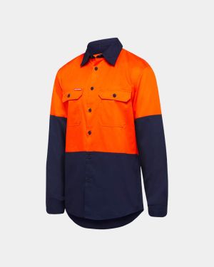 Hard Yakka Hi Vis Core Vented Long Sleeve Shirt - Orange/Navy
