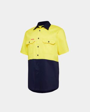 Hard Yakka Lightweight Hi Vis Two Tone Short Sleeve Shirt - Yellow/Navy