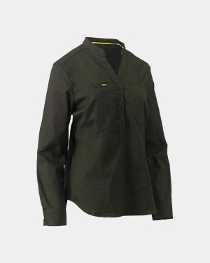 Bisley Women's Stretch V-Neck Closed Front Shirt - Olive