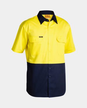 Bisley Cool Lightweight Short Sleeve Drill Shirt - Yellow/Navy