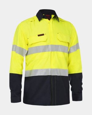 Bisley Apex 185 Taped Hi Vis FR Ripstop Vented Shirt - Yellow/Navy