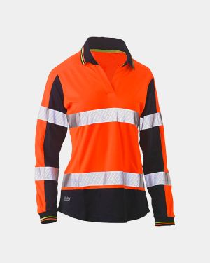 Bisley Women's Taped Two Tone Hi Vis Long Sleeve Polo - Orange/Navy