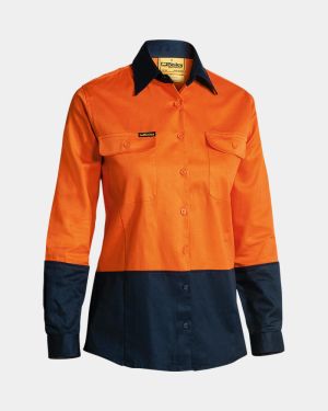 Bisley Women's Hi Vis Long Sleeve Drill Shirt - Orange/Navy