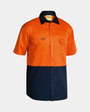 Bisley Cool Lightweight Short Sleeve Drill Shirt - Orange/Navy