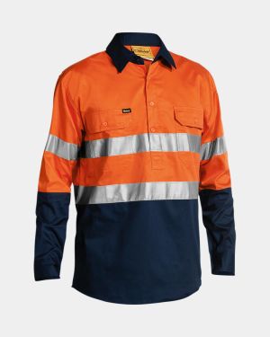 Bisley 3M Taped Hi Vis Cool Lightweight Closed Front Long Sleeve Shirt - Orange/Navy