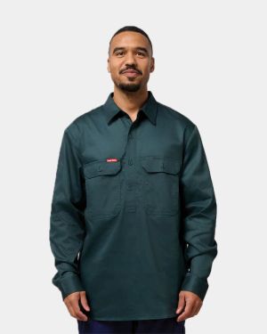Hard Yakka Long Sleeve Closed Front Cotton Drill Work Shirt - Green