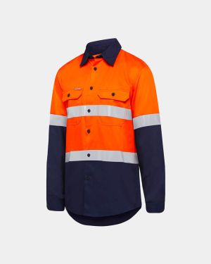 Hard Yakka Hi Vis Two Tone Taped Vented Long Sleeve Shirt - Orange/Navy