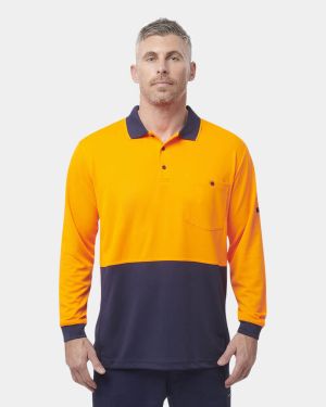 King Gee Hi Vis Workcool Hyperfreeze Lightweight Long Sleeve Polo - Orange/Navy