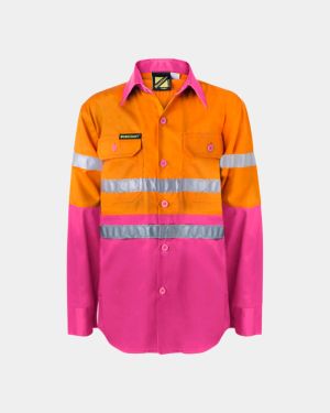 WorkCraft Kids Hi Vis 3M Taped Long Sleeve Shirt - Pink/Orange