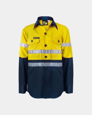 WorkCraft Kids Hi Vis 3M Taped Long Sleeve Shirt - Yellow/Navy