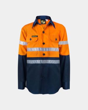 WorkCraft Kids Hi Vis 3M Taped Long Sleeve Shirt - Orange/Navy