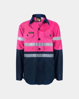 WorkCraft Kids Hi Vis 3M Taped Long Sleeve Shirt - Pink/Navy