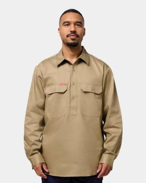Hard Yakka Long Sleeve Closed Front Cotton Drill Work Shirt - Khaki