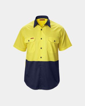 Hard Yakka Koolgear Hi Vis Two Tone Cotton Twill Ventilated Short Sleeve Shirt - Yellow/Navy