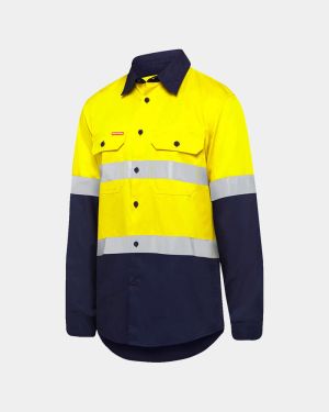 Hard Yakka Hi Vis Two Tone Taped Vented Long Sleeve Shirt - Yellow/Navy