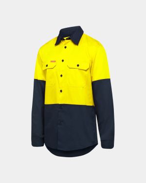 Hard Yakka Hi Vis Core Vented Long Sleeve Shirt - Yellow/Navy