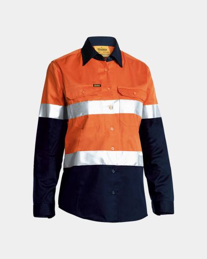 Bisley Women's Hi Vis Taped Long Sleeve Shirt - Orange/Navy