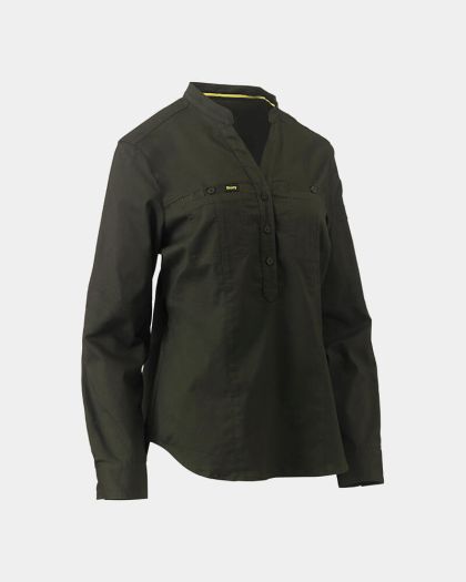 Bisley Women's Stretch V-Neck Closed Front Shirt - Olive