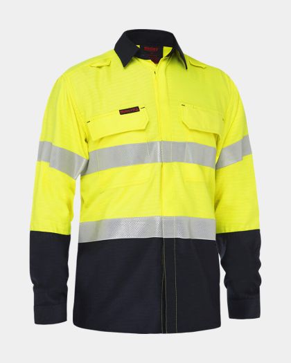 Bisley Apex 185 Taped Hi Vis FR Ripstop Vented Shirt - Yellow/Navy