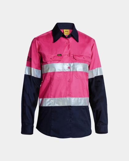 Bisley Women's Hi Vis Taped Long Sleeve Shirt - Pink/Navy