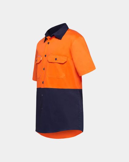 Hard Yakka Lightweight Hi Vis Two Tone Short Sleeve Shirt - Orange/Navy