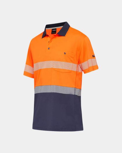 King Gee Taped Workcool Hyperfreeze Spliced Short Sleeve Polo - Orange/Navy