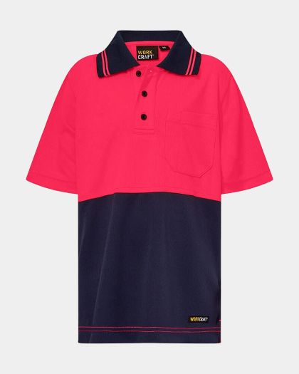 WorkCraft Kids Hi Vis Two Tone Short Sleeve Polo - Pink/Navy