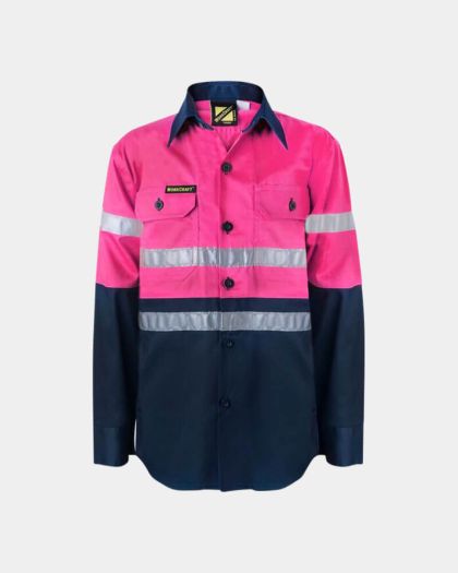 WorkCraft Kids Hi Vis 3M Taped Long Sleeve Shirt - Pink/Navy