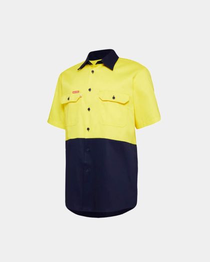 Hard Yakka Lightweight Hi Vis Two Tone Short Sleeve Shirt - Yellow/Navy