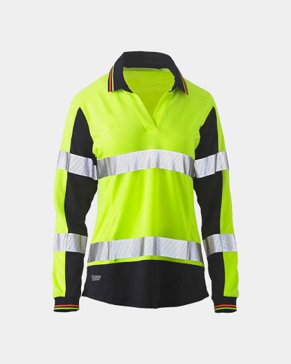 Bisley Women's Taped Two Tone Hi Vis Long Sleeve Polo - Yellow/Navy