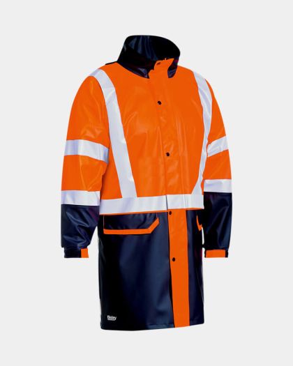 Bisley Hi Vis 3M Taped Stretch PU Raincoat - Orange/Navy