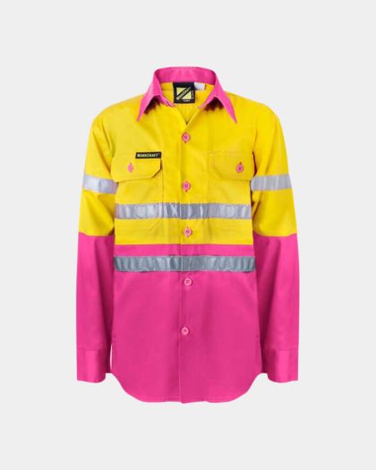WorkCraft Kids Hi Vis 3M Taped Long Sleeve Shirt - Pink/Yellow