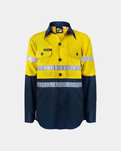 WorkCraft Kids Hi Vis 3M Taped Long Sleeve Shirt - Yellow/Navy