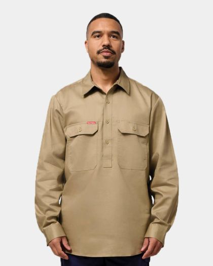 Hard Yakka Long Sleeve Closed Front Cotton Drill Work Shirt - Khaki