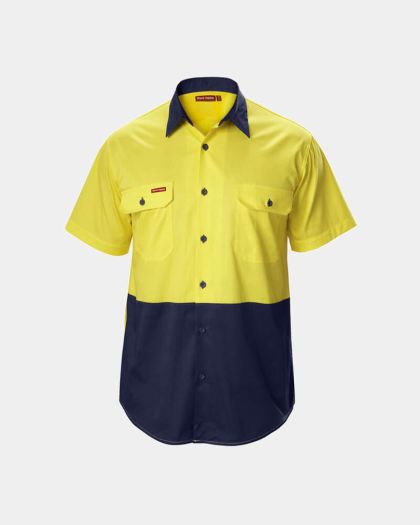 Hard Yakka Koolgear Hi Vis Two Tone Cotton Twill Ventilated Short Sleeve Shirt - Yellow/Navy